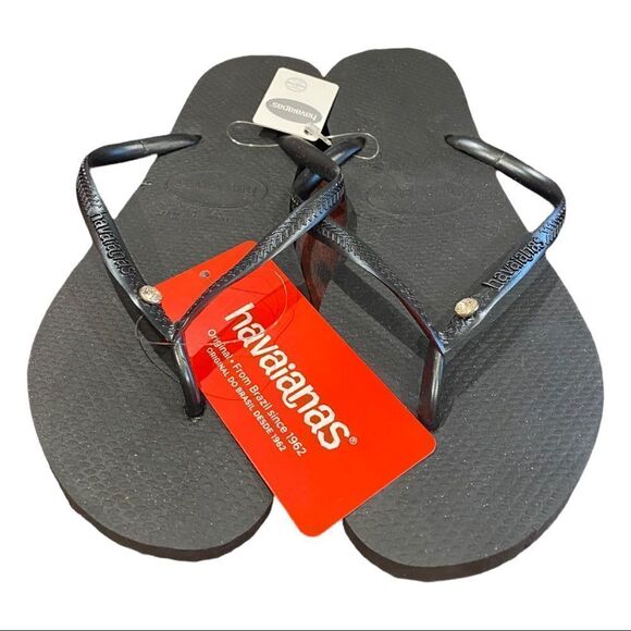 NEW Havaianas Slim Black Diamond Crystal Charm Flip Flops 6 11/12 - Picture 3 of 5